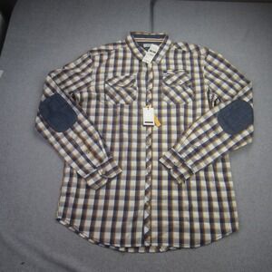 Basement Milan‎ Shirt XL Multi Plaid Long Sleeve Button Up Elbow Patches